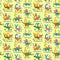 Seamless pattern with cute cartoon doodle dinosaurs, nature elements and hand drawn letters. Adorable children design.