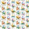 Seamless pattern with cute cartoon doodle dinosaurs, nature elements and hand drawn letters. Adorable children design.