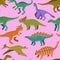 Seamless pattern with cute cartoon doodle dinosaurs and nature elements, rocks, leaves and stars. Cute children design.