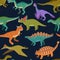 Seamless pattern with cute cartoon doodle dinosaurs and nature elements, rocks, leaves and stars. Cute children design.