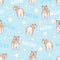 Seamless pattern with cute cartoon drawing dogs akita, funny adorable pets, on blue background with stars, perfect for kids