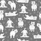 Seamless pattern with cute cartoon drawing dogs husky, alaskan malamute, akita, samoyed, furry funny adorable pets, on gray