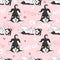 Seamless pattern with cute cartoon drawing dogs husky or alaskan malamute, funny adorable pets, on pink background with hearts,