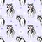 Seamless pattern with cute cartoon drawing dogs husky or alaskan malamute, funny adorable pets, on purple background with stars,