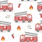 Seamless pattern with cute cartoon fire engines. Flat style