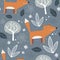 Seamless pattern with cute cartoon fox, bushes, tree, leaves, flowers, decor elements, dots, twigs on a neutral background. Hand d