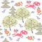 Seamless pattern with cute cartoon foxes in summer forest. Fir trees, rose and bell flowers isolated on white background in vector