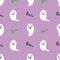 Seamless pattern with cute cartoon ghosts. White ghosts on purple background. Halloween illustration. Background for wrapping
