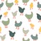 Seamless pattern with cute cartoon hens. Animal print