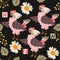 Seamless pattern with cute cartoon hens, flowers, letters