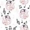 Seamless pattern with cute cartoon kitten with headphones on white background