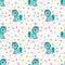 Seamless pattern with cute cartoon little unicorn, hearts and stars.