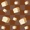 Seamless pattern. Cute cartoon loaf of bread on a dark brown checkered background. For making apron, tablecloth, menu, tile