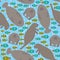 Seamless pattern Cute cartoon manatee and fish on blue background. Vector