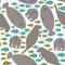 Seamless pattern Cute cartoon manatee and fish on white background. Vector