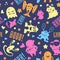 Seamless pattern with cute cartoon monsters, bubbles and words hello, monster