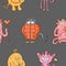 Seamless pattern with cute cartoon monsters on grey background. Fabulous wallpapers with creatures. Funny animal print.