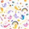 Seamless pattern of cute cartoon narwhals with rainbow, ice creams, sweets and seashell.