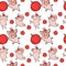 Seamless pattern with cute cartoon piglets and Christmas balls on white background.