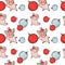 Seamless pattern with cute cartoon piglets and Christmas balls on white background.