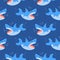Seamless pattern, cute cartoon sharks and bubbles on a blue sea background. Print for children, background, textile, wallpaper