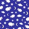 Seamless pattern with cute cartoon sheep, moon, clouds, stars