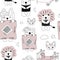 Seamless pattern cute cartoon sketch sleeping animals, crib baby, slippers and baby potty on the white background