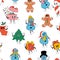 Seamless pattern with Cute Cartoons christmas mascot. Happy and cheerful emotions