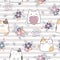 Seamless pattern cute cat and flower on striped brush stroke background