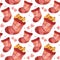 Seamless pattern with cute Cat hiding in woolen sock. Adorable playful kitten Christmas character.