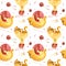 Seamless pattern with cute cat playing with yarn balls. Adorable playful kitten characters