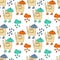 Seamless pattern with Cute cat with umbrella, boots and rain clouds on white background . Pets. Vector illustration