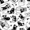 Seamless pattern with cute cat washing itself, stretching, playing, sleeping. Funny cartoon pet animal in different