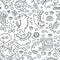 Seamless pattern with cute cats line drawing. Playful kitten background, cat sleeping in box, play with computer