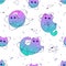 Seamless pattern with cute cats space celestial with stars and planets. Fantasy magical kawaii vector. Mystical nursery kitten