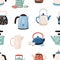 Seamless pattern with cute ceramic teapots and cups on white background. Backdrop with kettles. Kitchen crockery for