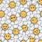 Seamless pattern from cute chamomile with faces.