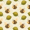 Seamless pattern, cute cheerful bees and voluminous leaves . Children\\\'s print, background, textile, wallpaper