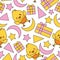 Seamless pattern with cute chick, box gift and stars