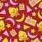 Seamless pattern with cute chick, box gift and stars on red background