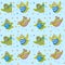 Seamless pattern with cute chickens. Funny yellow birds in striped T-shirts, run, flap their wings and fly on a blue