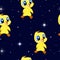 Seamless pattern of cute chicks on a background of the starry night sky