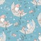 Seamless pattern with cute children in pajamas who sleep on the lunar months. Vector
