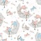 Seamless pattern with cute children in pajamas who sleep on the lunar months. Vector