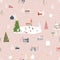 Seamless pattern Cute Christmas landscape in the town with fairy tale houses,car,polar bear playing ice skates and Christmas trees