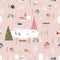 Seamless pattern Cute Christmas landscape in the town with fairy tale houses,car,polar bear playing ice skates and Christmas trees