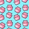 Seamless pattern of cute chubby fat pig sticker on blue background.