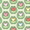 Seamless pattern of cute chubby frog hold various heart on green background.Retile funny