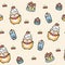 Seamless pattern of cute chubby shiba inu dog with cake and dessert background.Japanese pet