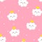 Seamless pattern with cute clouds princess and stars on pink background. Ornament for children`s textiles and wrapping. Flat style